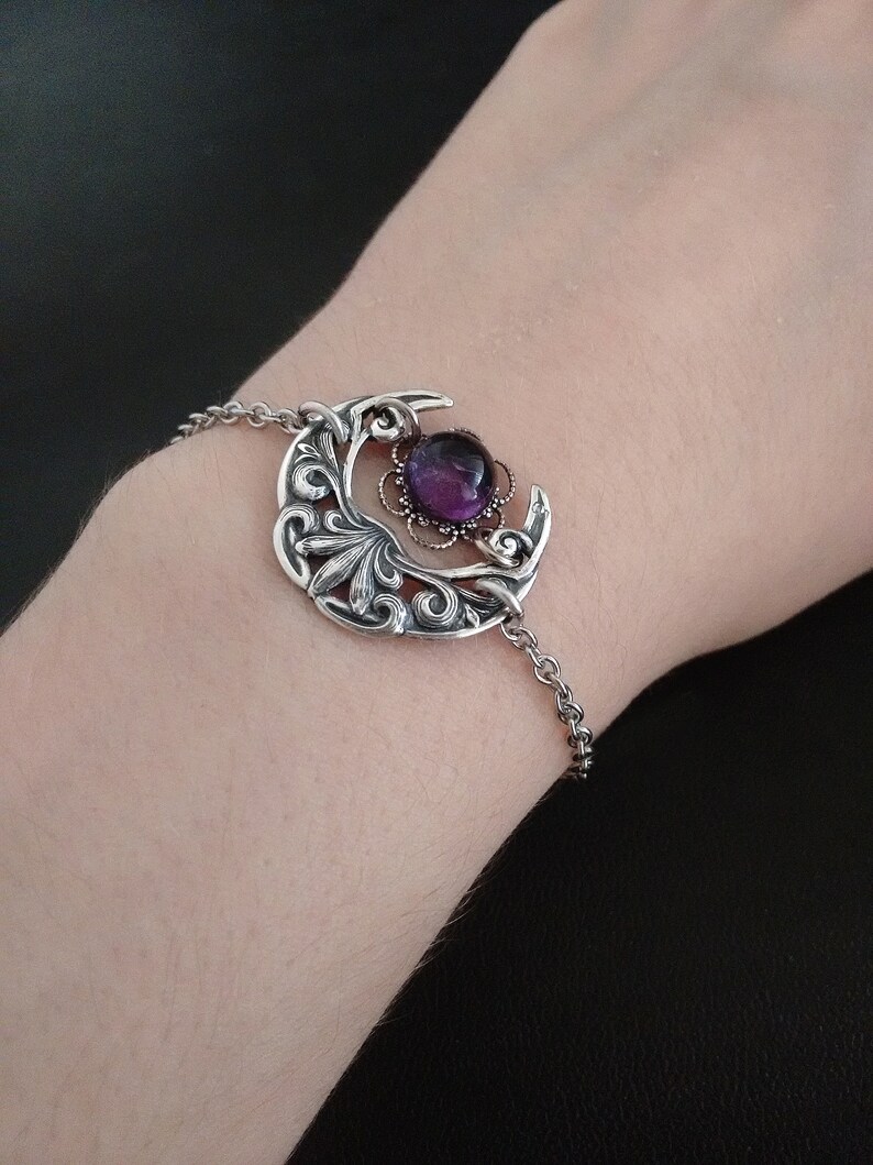 Celtic Amethyst Bracelet for women Silver Witchy Jewelry Crescent \u039coon Bracelet