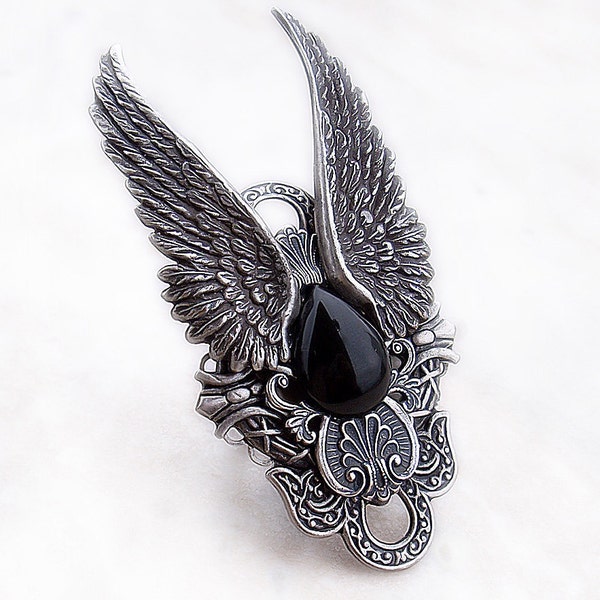 Full Finger ring, Black Onyx Ring, Large finger Αrmor Gothic ring, Goth Jewelry, Womens Mens Angel Wings, dracula ring