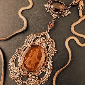 Unique Intaglio necklace, Brass necklace with brown and orange jewels, snake chain, smoked topaz, vintage style necklace, dark academia image 1