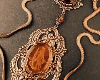 Unique Intaglio necklace, Brass necklace with brown and orange jewels, snake chain, smoked topaz, vintage style necklace, dark academia