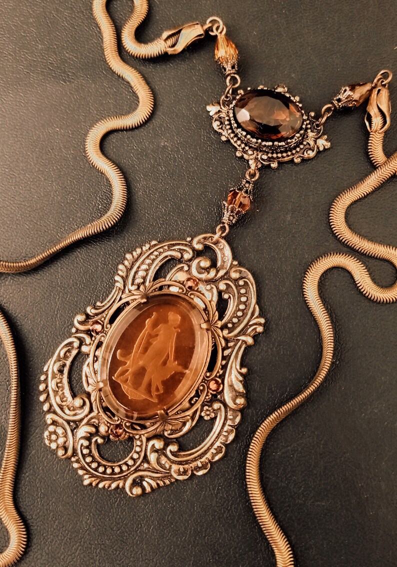 Unique Intaglio necklace, Brass necklace with brown and orange jewels, snake chain, smoked topaz, vintage style necklace, dark academia image 1