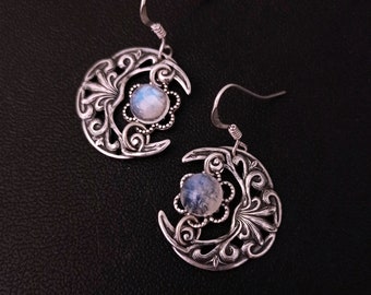 Moonstone Earrings, Silver Crescent Moon Earrings, Witchy Jewelry for women, Celestial Gift