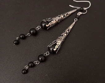 Silver Filigree Earrings Long Black Pearl Earrings Dangle Earrings Bridal Earrings Swarovski Pearls Victorian Jewelry aranwen