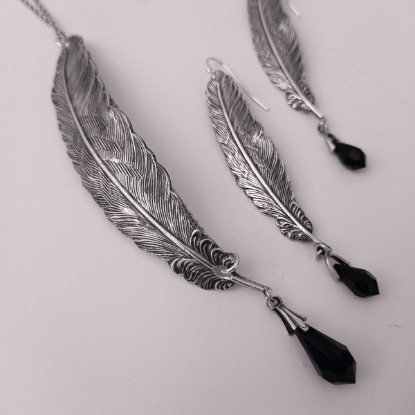 Silver quill necklace and earrings, black ink, feather pen, plum, nib