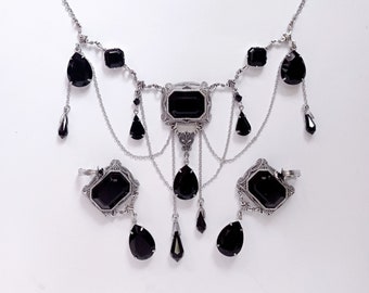 Gothic Bridal Jewelry set, Black Necklace and earrings, statement jewelry, Halloween wedding, bib necklace Draping Chains