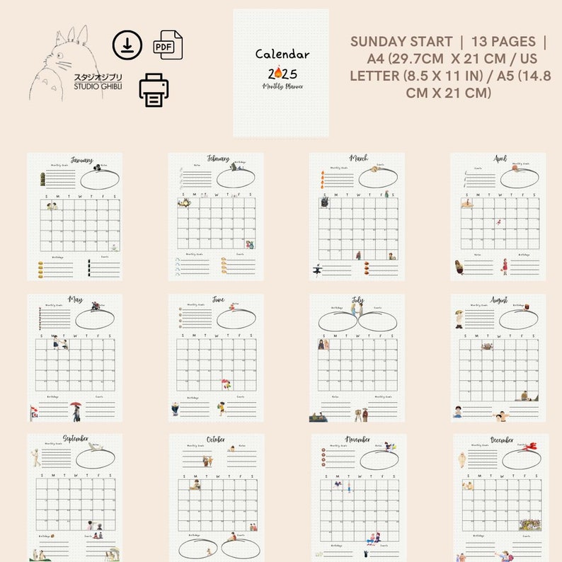 2025 Monthly Calendar Studio Ghibli Calendar 2025 Calendar Printable 2025 Planner Aesthetic