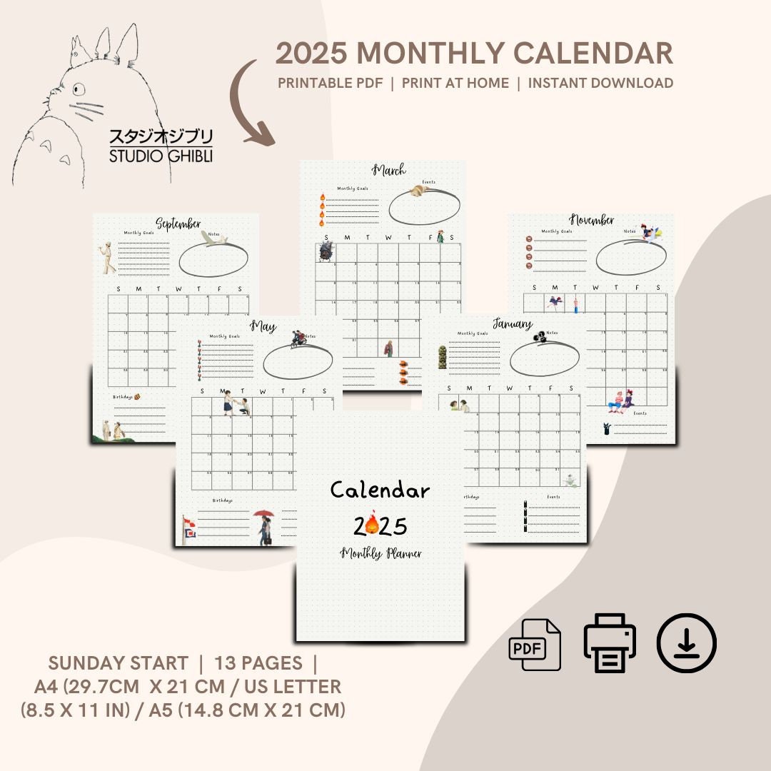 2025 Monthly Calendar Studio Ghibli Calendar 2025 Calendar Printable