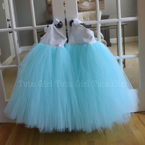 White Tutu Dress with Aqua Tulle Skirt, White Sequined Aqua Tutu Dress, Baby, Toddler, Girls, Flower Girl Dress