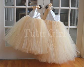 Bridal White and Champagne Tulle Dress, Beige Flower Girl Tutu Dress for Girls, Babies and Toddlers