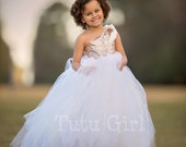 One Shoulder Flower Girl Dress, Blush Gold and Off White Tutu Flower Girl Dress, Blush Gold Sequin Couture Gown, Rose Gold Dress