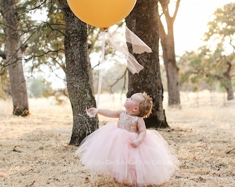Girls Tutu Dress, Rose Gold Sequins and Blush Pink Tulle Skirt, Birthday Dress, Flower Girl Dress, Tutu Dress for Girls