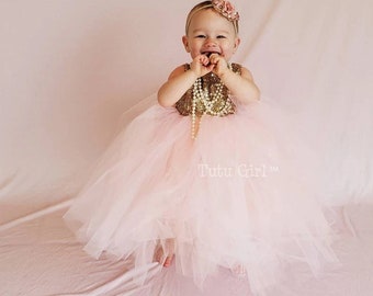 Birthday baby girl dress, flower girl dress, first birthday dress, 1st birthday outfit, toddler tulle, pink tulle dress with gold sequins