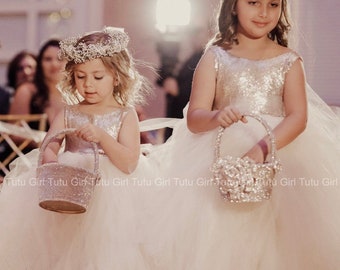 Champagne Tulle Flower Girl Dress - Champagne Sequin Bodice with Light Ivory Tulle Dress - Sleeveless Style Tutu Dress