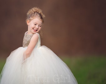 Flower Girl Dress Gold with Bridal White Tulle