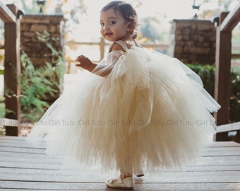 Classic Satin and Tulle Flower Girl Dress Champagne, Birthday Dress for Girls