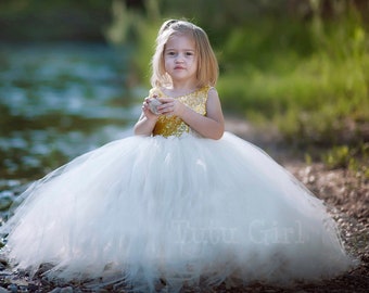 Gold Flower Girl Dress with Bridal White Tulle, Off White Gold Sequin Tutu Dress, Sleeveless Style