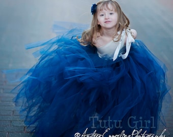 Navy Flower Girl Dress, Navy Flower Tutu Dress, Navy and Bridal White Flower Girl Dress Navy Blue Tulle Dress