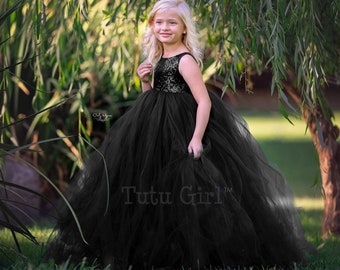 Black Flower Girl Dress | Black Toddler Dress | Black Tutu Dress | Sequin Black Tulle Flower Girl Dress | Bridal Sleeveless Gown for Girls