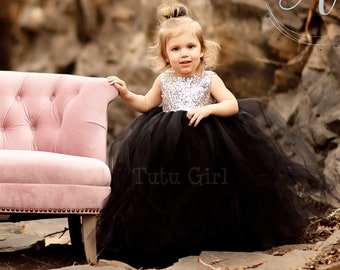 Flower Girl Dress Black, Tulle Flower Girl Dress, Silver Sequins and Black Tulle - Sleeveless Style