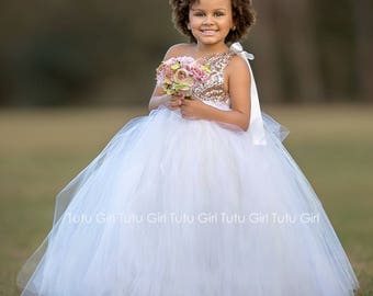 Tutu Flower Girl Dress Cream, Sequin Tulle Flower Girl Dress, Child Wedding Ceremony Dress  - One-Shoulder Gown