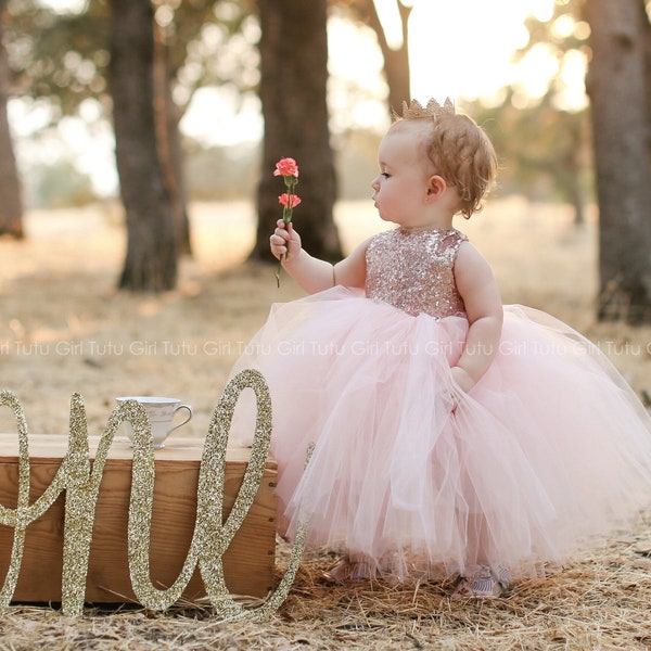 Blush Pink Flower Girl Dress, Custom Tulle Dress, Rose Gold Sequins with Tutu Skirt