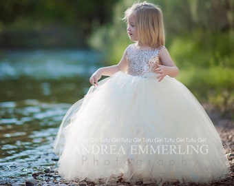 Champagne Flower Girl Dress, Champagne Tutu Dress, Champagne Tulle Flower Girl Bridal White Skirt