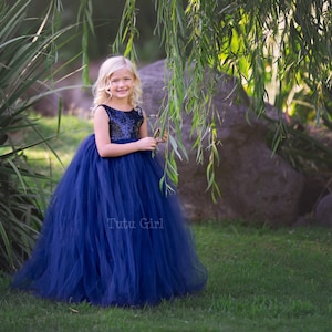 Navy Flower Girl Dress, Tulle Sequin Navy Blue Flower Girl Dress, Girls Tutu Style - Sleeveless