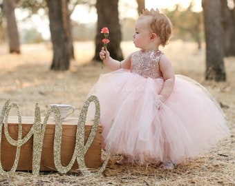 Blush Pink Flower Girl Dress, Custom Tulle Dress, Rose Gold Sequins with Tutu Skirt