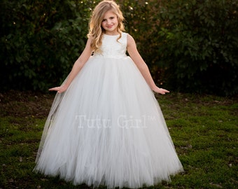 Bridal White Lace Flower Girl Dress, White Tulle Lace Flower Girl Dresses