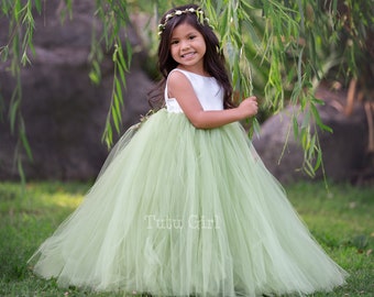 Flower Girl Dress Olive Green, Tulle Flower Girl Dress, Bridal White Long Floor Length Tutu Gown Sleeveless Style