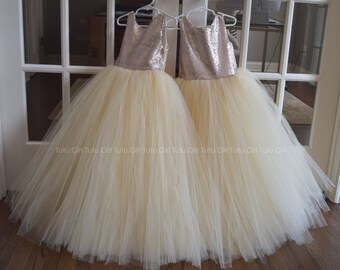 Champagne Flower Girl Tulle Dress, Sequin Tutu Flower Girl Dress for Weddings, Birthdays, Photoshoots