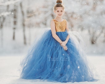 Blue Flower Girl Dress, Periwinkle and Gold Tutu Dress, Tulle Flower Girl Dress, Gold Sequin and Tutu Skirt - Custom Sizes and Colors!