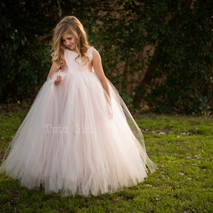 Blush Tulle Flower Girl Dress, Floor Length, Classic Simple Satin and Tulle Flower Girl Dress, Girls Blush Tulle Dress