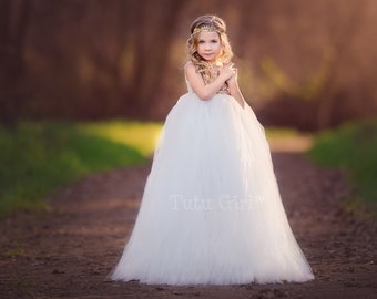 Tutu Flower Girl Dress, Flowergirl Dress Tulle and Sequins, Bridal White Sequins and Cream Tulle - Sleeveless Style