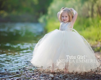 Tulle Flower Girl Dress, Tutu Flower Girl Dress, Bridal White Flower Girl Dress, Champagne Girl Dress, Sleeveless Sequin Girl Dress