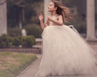 Flower Girl Sequin Dress, Rose Gold Flower Girl Dress Tulle with Bridal White Tutu Skirt - Sleeveless Style