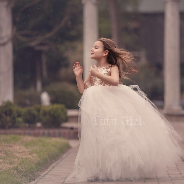 Flower Girl Sequin Dress, Rose Gold Flower Girl Dress Tulle with Bridal White Tutu Skirt - Sleeveless Style