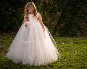 Blush Tulle Flower Girl Dress, Floor Length, Classic Simple Satin and Tulle Flower Girl Dress, Girls Blush Tulle Dress