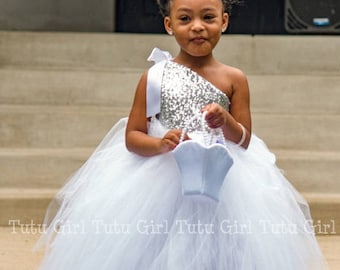 Silver Tutu Dress, Silver Sequin Flower Girl Dress - Choose Tulle Skirt in White, Bridal White or Off White