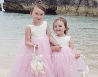 Pink Flower Girl Dress, Pink Tulle Dress, Bridal White and Pink Personalized Pastel Pink Tutu Gown, Birthday, Photoshoot, Bridal