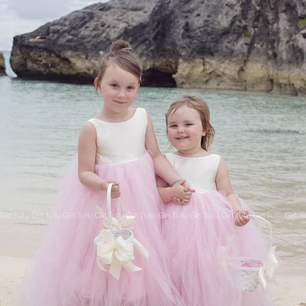 Pink Flower Girl Dress, Pink Tulle Dress, Bridal White and Pink Personalized Pastel Pink Tutu Gown, Birthday, Photoshoot, Bridal