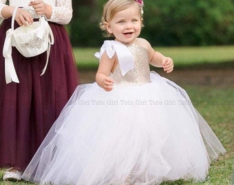 Champagne Flower Girl Dress with White Tulle Flower Girl Dress, Tutu Dress - One Shoulder Style