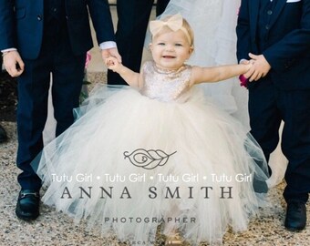 Champagne Sequin Tulle Dress - Sleeveless Sequin Bodice and Ivory Tulle - Flower Girl Tutu Dress
