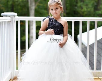 Flower Girl Dress - Tulle Flower Girl Dress - Black Flower Girl Dress, Black Sequins with Cream Skirt, Tulle Dress-Infant/Toddler
