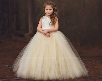 Champagne Flower Girl Dress Tulle and Lace - One Shoulder Tutu Dress