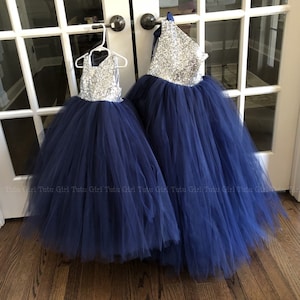 Silver Sequin and Navy Blue Flower Girl Dress, Navy Tutu Dress with Sequins, Tulle Flower Girl Dress - Choose Your Style
