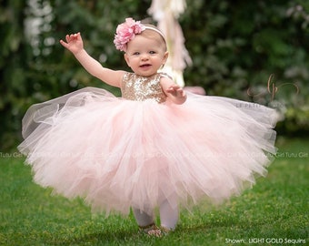 Flower Girl Dress Gold, Sequin Flower Girl Dress Pink Blush, Baby, Girls, Long Tulle Tutu Skirt, Sleeveless Style