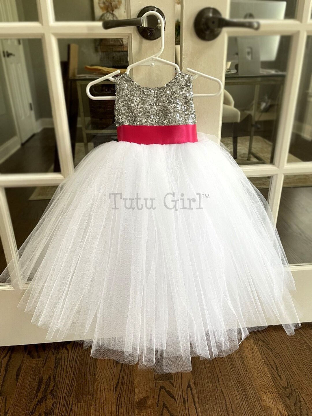 White Tulle Flower Girl Dress With Hot Pink Sash Silver - Etsy
