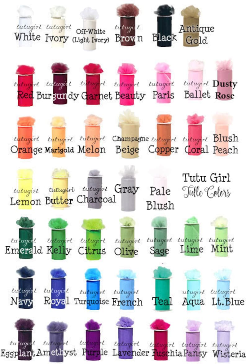 May include: A chart of 30 different colors of tulle fabric, labeled with the color name. The tulle is arranged in rows of five, with each color displayed in a small, rolled-up bundle. The colors include white, ivory, off-white, brown, black, antique gold, red, burgundy, garnet, beauty, paris, ballet, dusty rose, orange, marigold, melon, champagne, beige, copper, coral, blush, lemon, butter, charcoal, gray, pale blush, emerald, kelly, citrus, olive, sage, lime, mint, navy, royal, turquoise, french, teal, aqua, light blue, eggplant, amethyst, purple, lavender, fuchsia, pansy, and wisteria.
