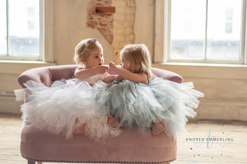Peut inclure: Deux jeunes filles portant des tutus en tulle, l'un blanc et l'autre bleu clair, sont assises sur un fauteuil en velours rose et se regardent.